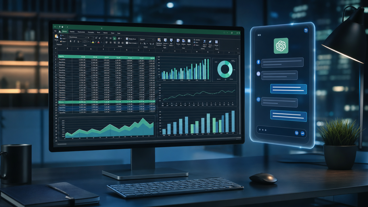 Pantalla de Excel con una hoja de cálculo y un panel de ChatGPT analizando los datos