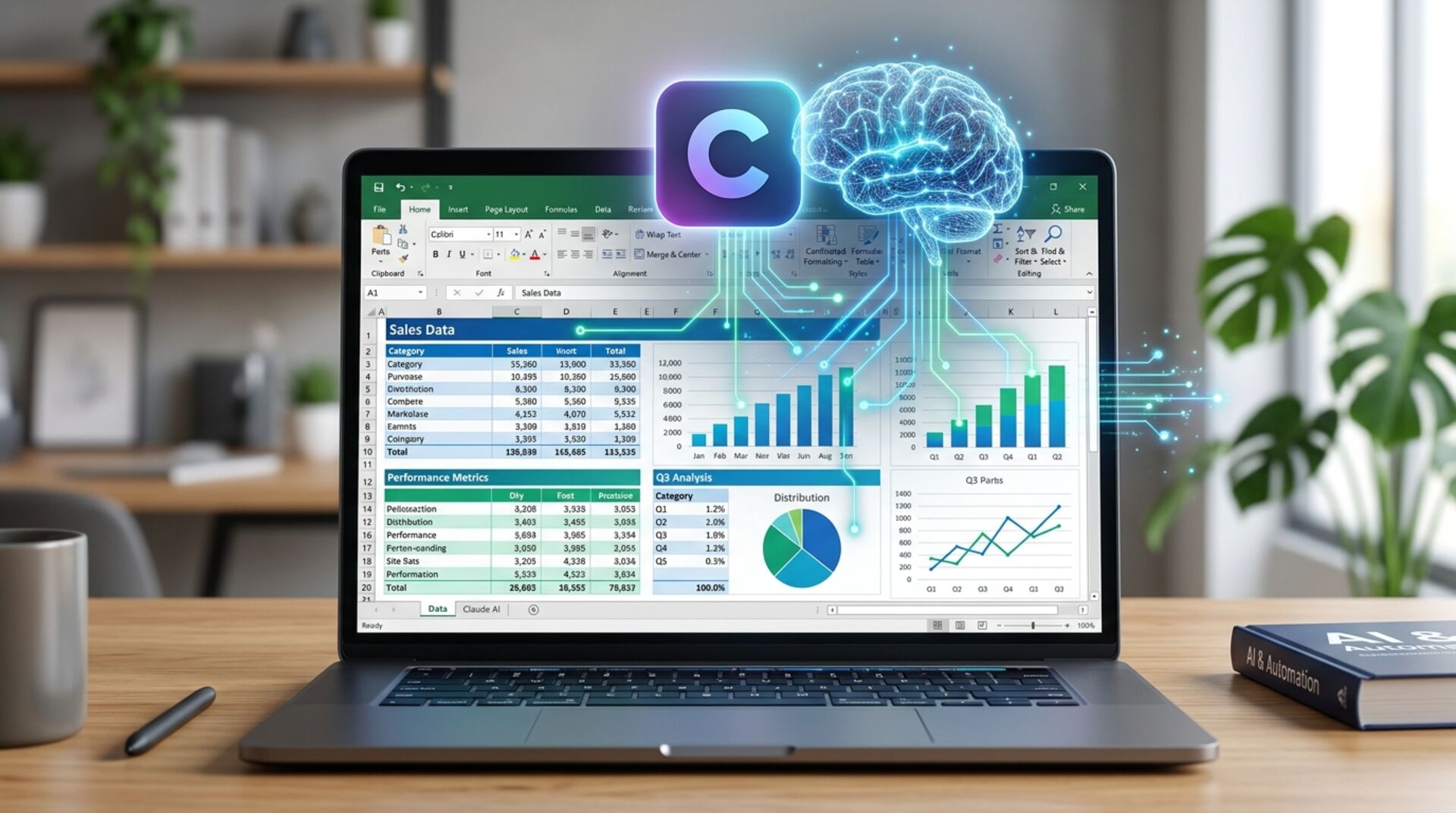 Pantalla de Excel con gráficos y datos conectados a una inteligencia artificial