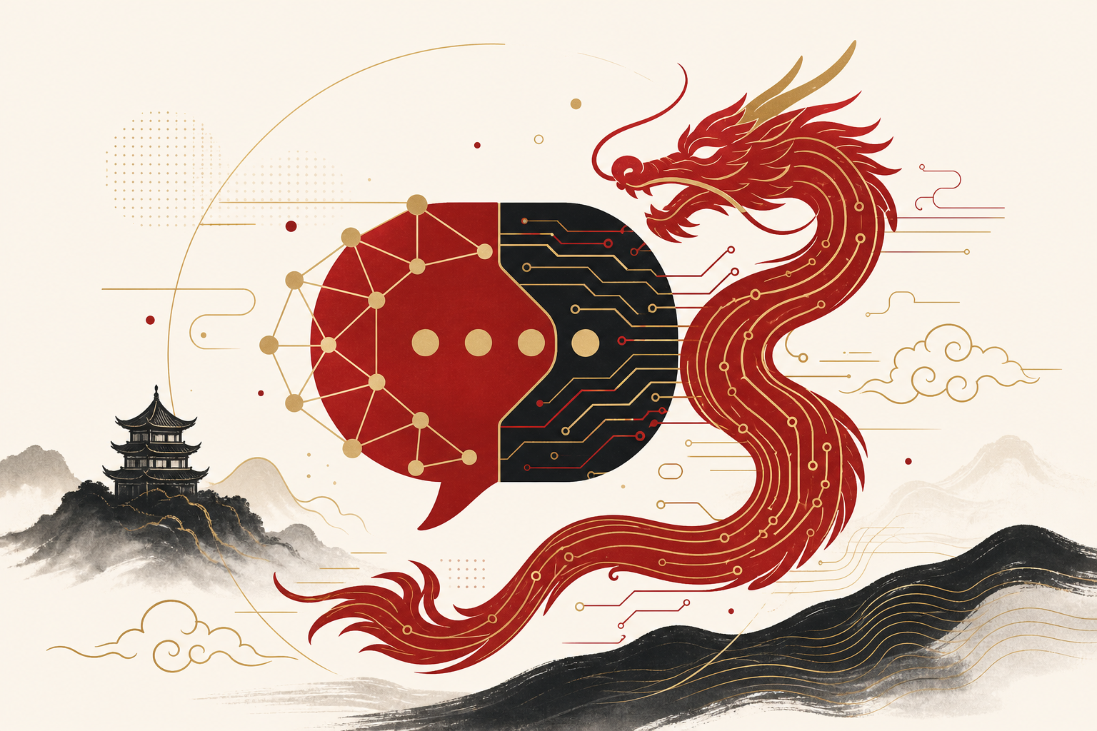 Ilustración conceptual de la IA china: un chatbot fusionado con una red neuronal y motivos chinos