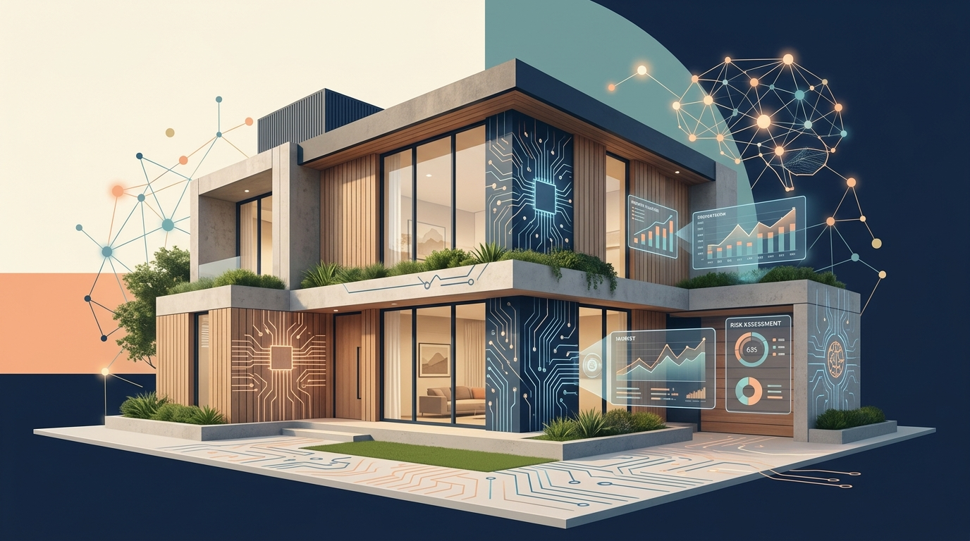 Ilustración de un edificio residencial con elementos digitales que representan inteligencia artificial aplicada al sector inmobiliario