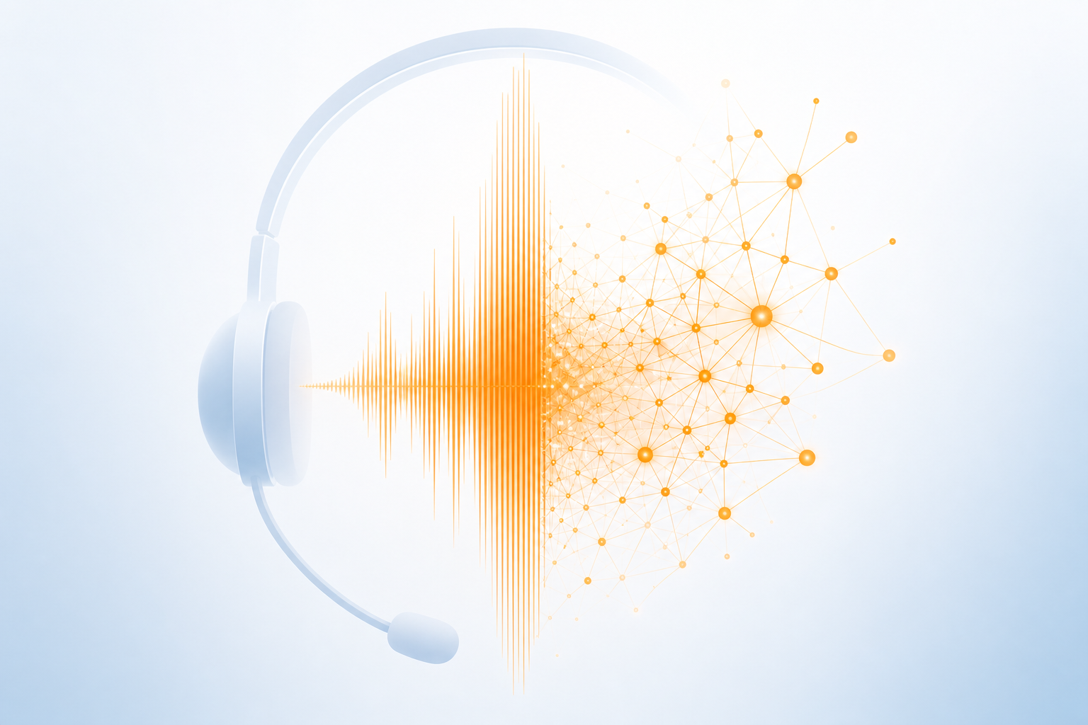 Call center con IA: onda de voz que se transforma en red neuronal, agente de voz inteligente